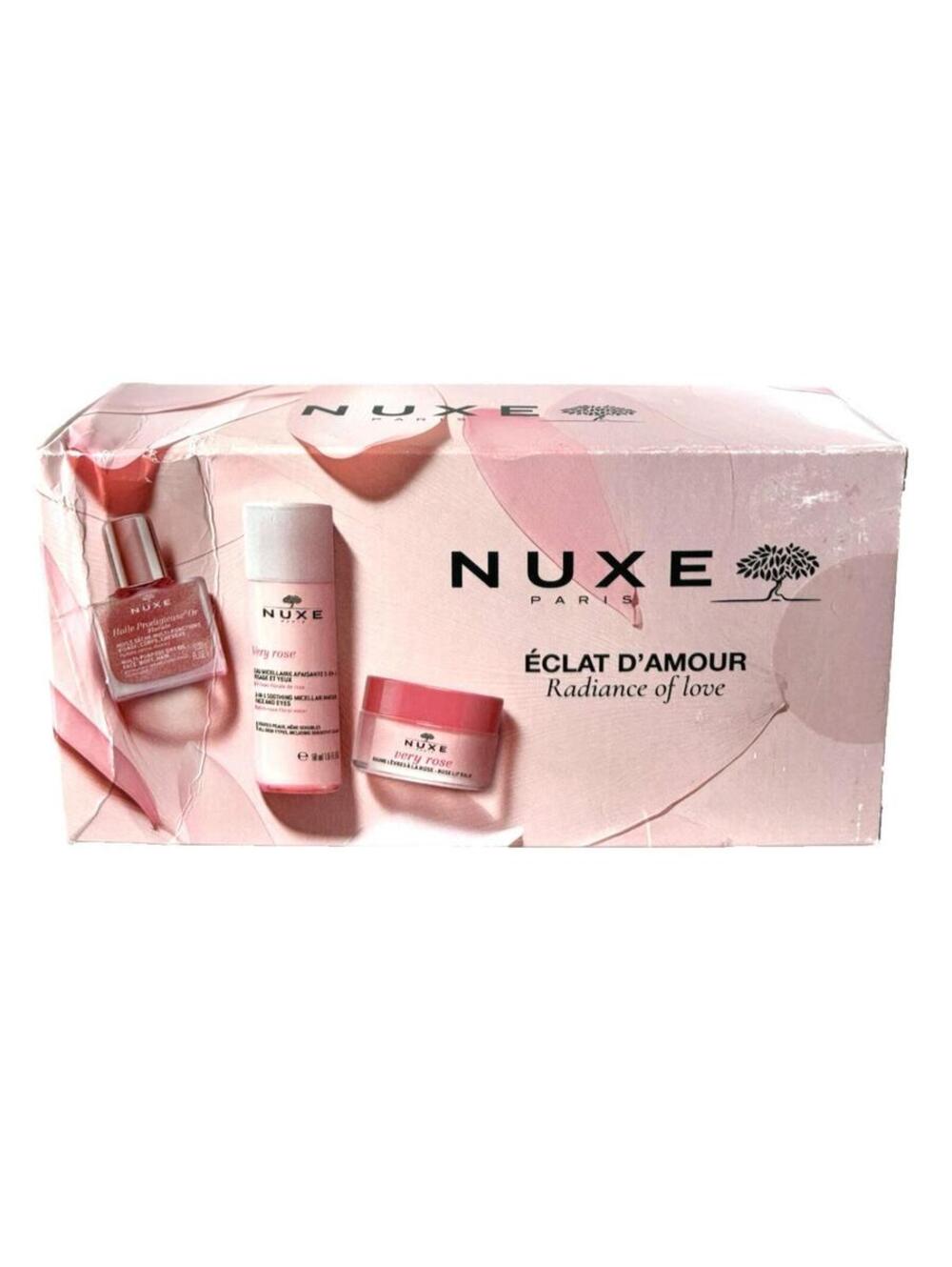 NUXE Éclat d'amour Radiance of Love Rose Gift Set,Oil, Micellar, Lip,Box Damaged